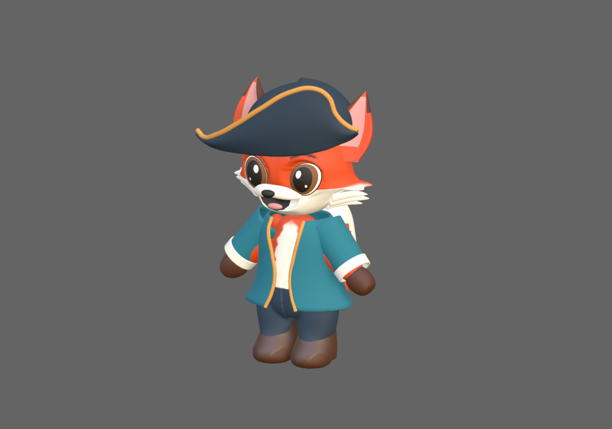 Blender viewport showing the unfinished fox wearing a hat, teal coat and brown boots.