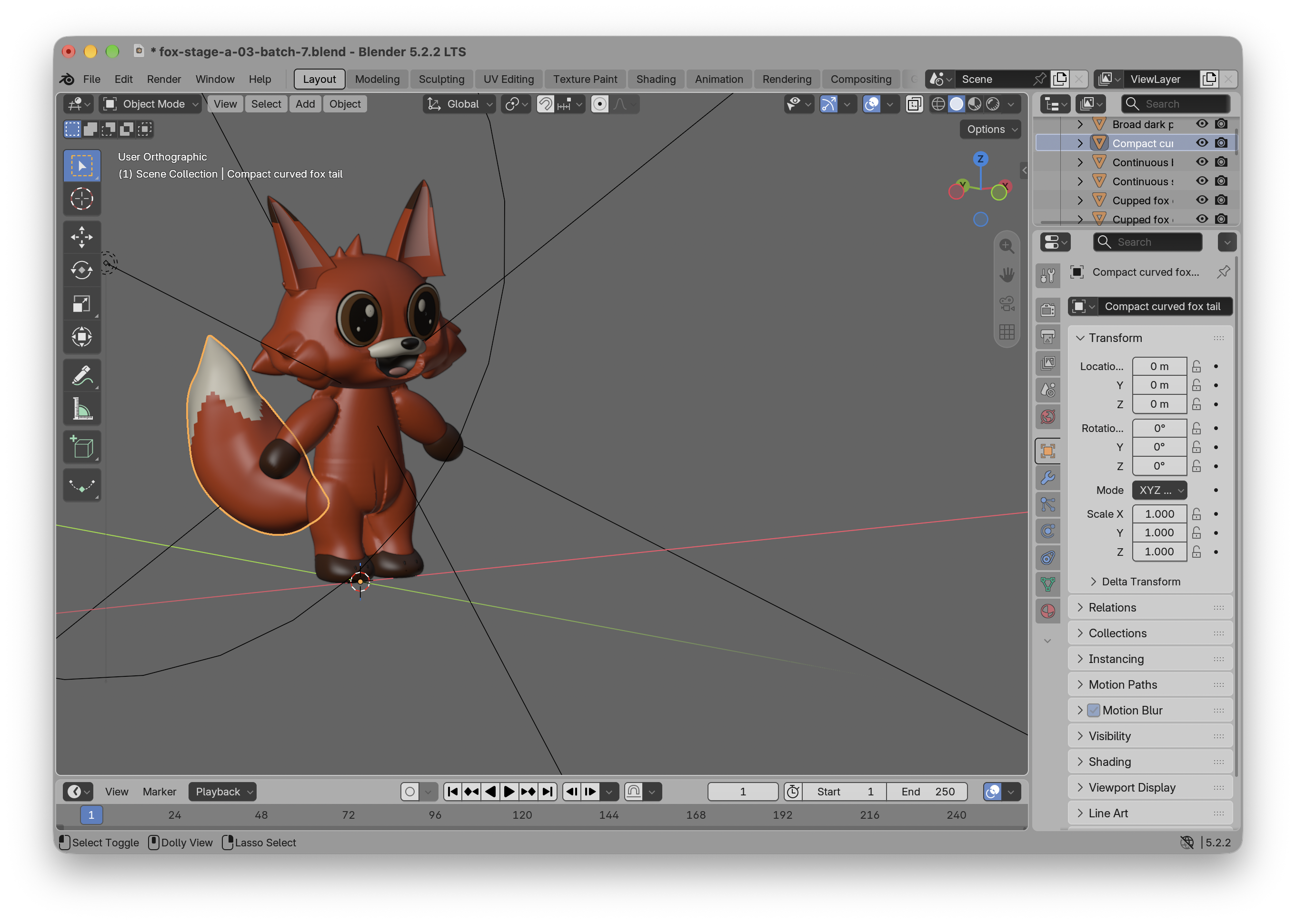 Blender showing the unfinished fox model before the hat and coat were added.