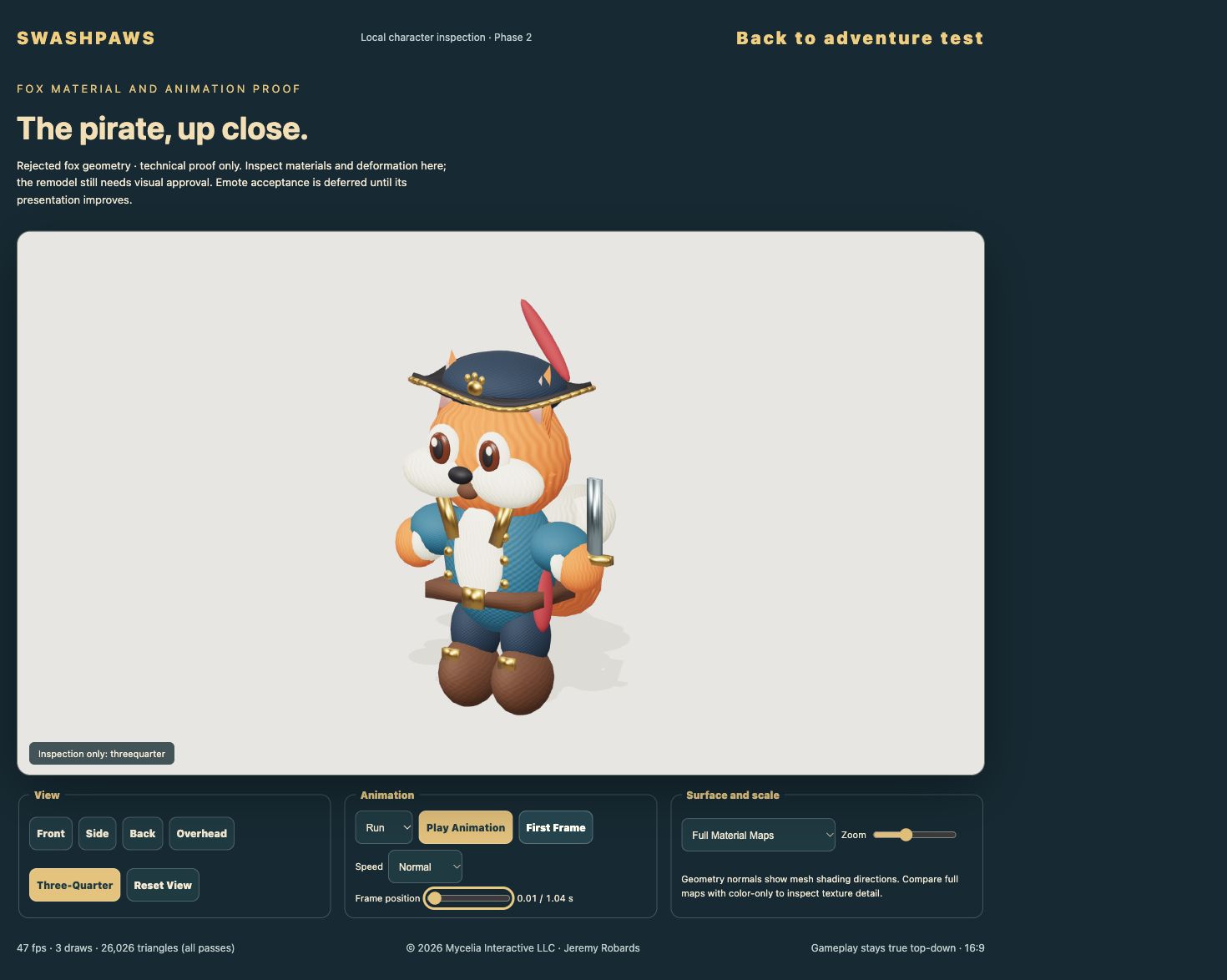 The browser model viewer with animation controls and buttons for different views.
